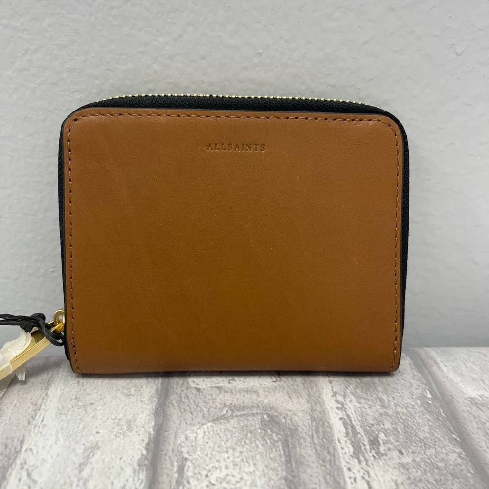 ALLSAINTS Lena Hex Leather Zip Wallet in Sepia Brown - NWT